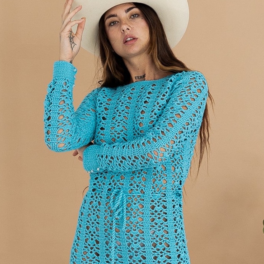 Authentic Vintage 1960’s / 1970’s Electric Blue Crochet Maxi Dress
